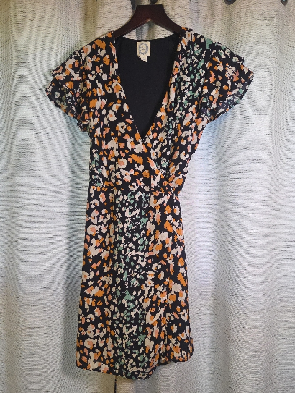Blue Rain Black Floral Wrap Midi Dress with Peach & Mint Accents